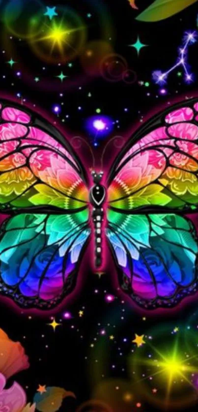 Colorful butterfly in space-themed art with vibrant celestial elements.