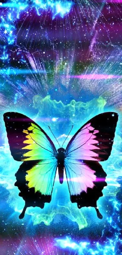 Vivid butterfly with rainbow colors in a cosmic galaxy background.