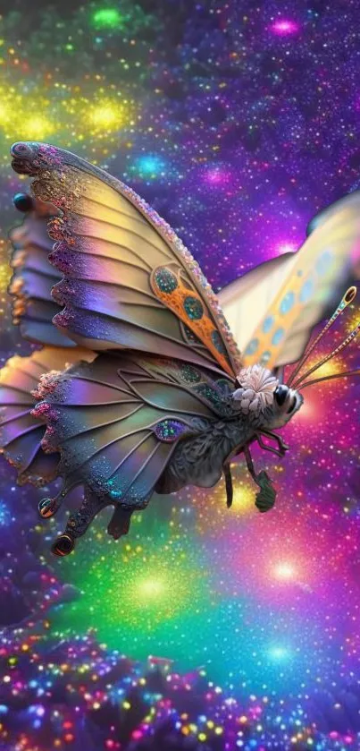 A colorful butterfly glides through a starry galaxy in this vibrant mobile wallpaper.