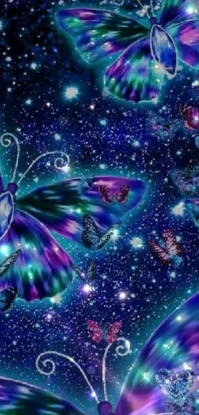 Colorful butterflies in a starry galaxy wallpaper.