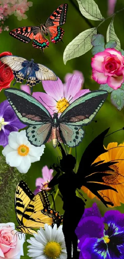 Colorful butterflies and flowers with green background and fairy silhouette.