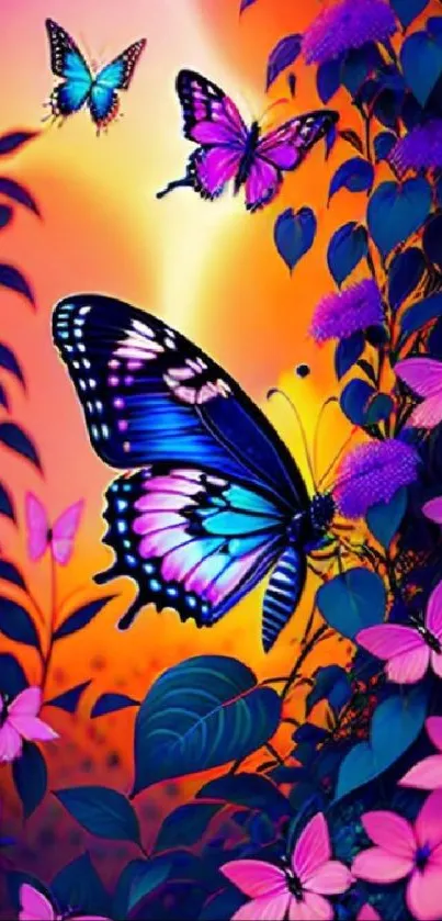 Vibrant blue and purple butterfly garden wallpaper.