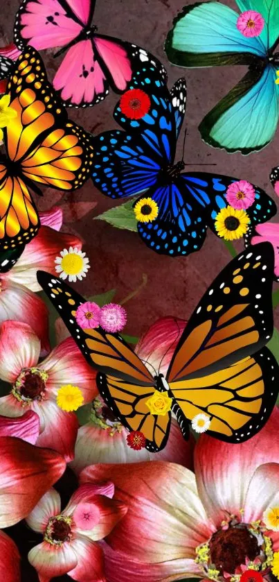 Colorful butterflies and flowers mobile wallpaper.