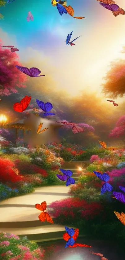 Vibrant garden with colorful butterflies under a sunlit sky.