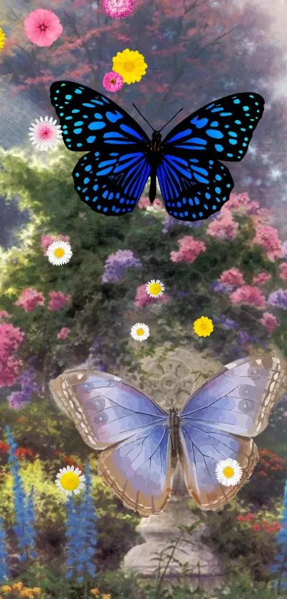 Vibrant garden wallpaper with colorful butterflies and flowers.