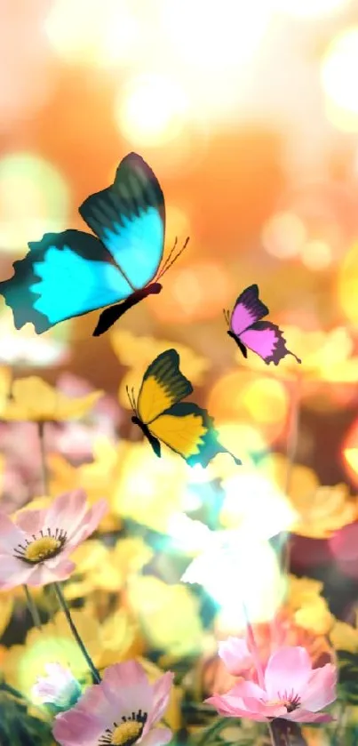 Vibrant butterflies above yellow flowers at sunset in a colorful garden.