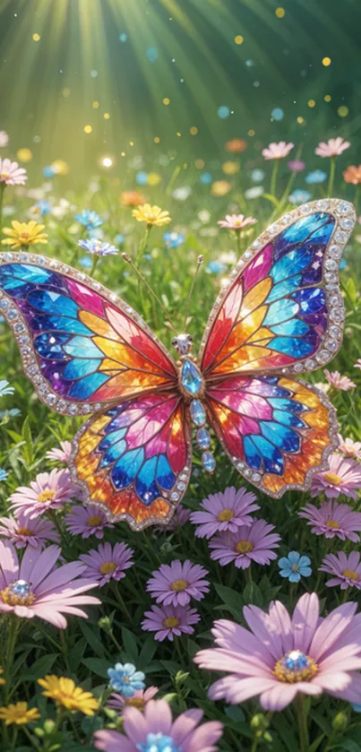 Colorful butterfly with jeweled wings in a flower garden.