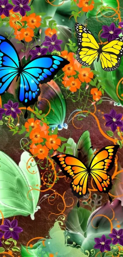 Vibrant mobile wallpaper with colorful butterflies and flowers.