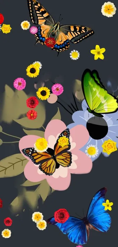 Colorful butterflies and flowers on a dark background wallpaper.