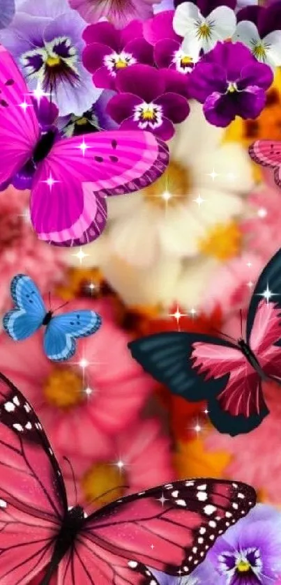 Colorful wallpaper with butterflies and flowers in vibrant hues.