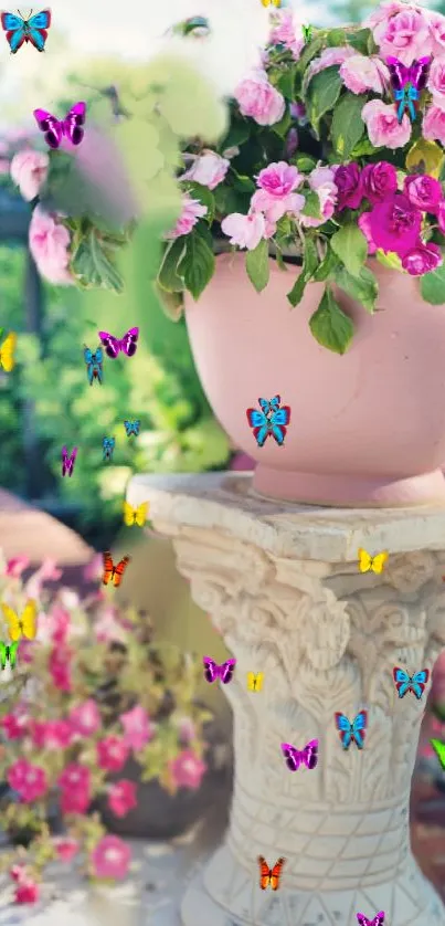 A pink potted flower garden with colorful butterflies.