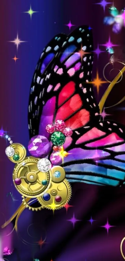 Vibrant butterfly with gears on a colorful abstract background.