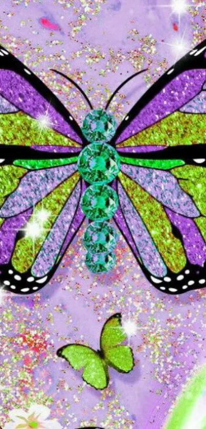 Vibrant butterfly with glitter effect on purple background.