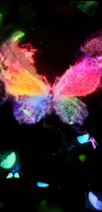 Colorful neon butterfly on dark background, glowing vibrantly.