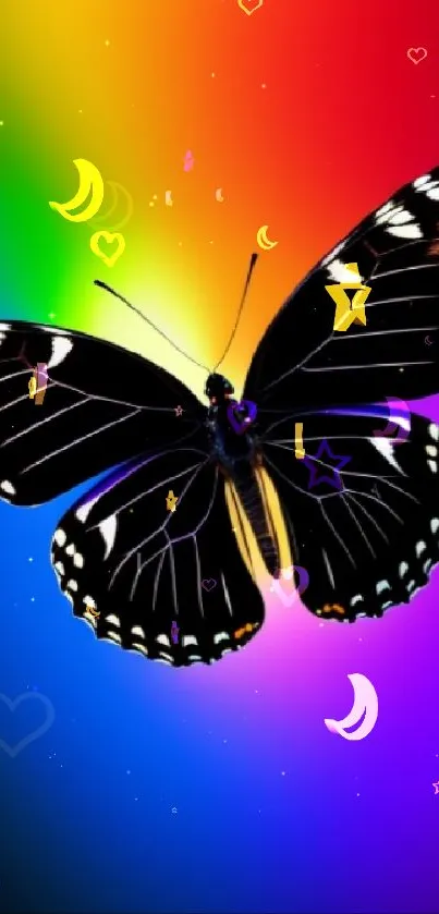 Black butterfly on vibrant rainbow gradient wallpaper.