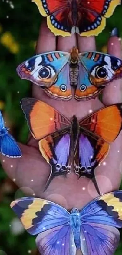 Five colorful butterflies rest on an open hand.