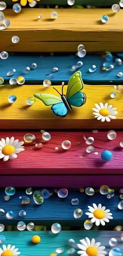 Colorful butterflies and daisies on rainbow wooden planks.