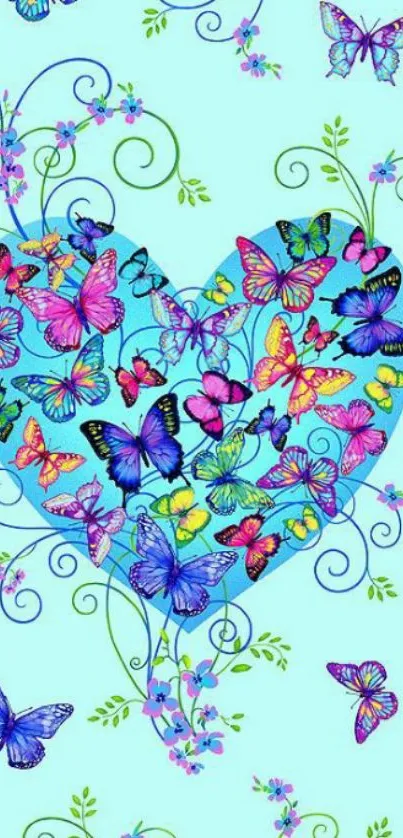 Colorful butterflies forming a heart on a light blue background.