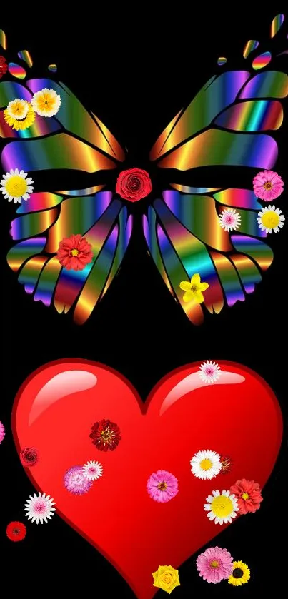 Colorful butterfly and heart with flowers on black.