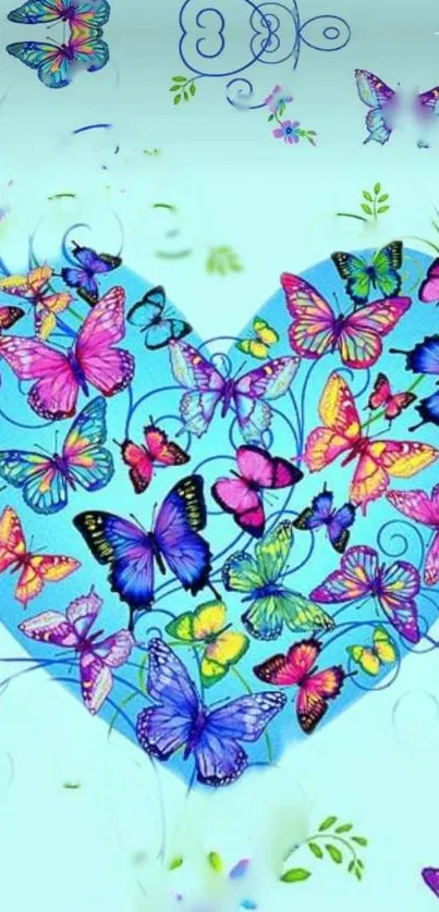 Vibrant heart-shaped butterfly design wallpaper in aqua blue hues.