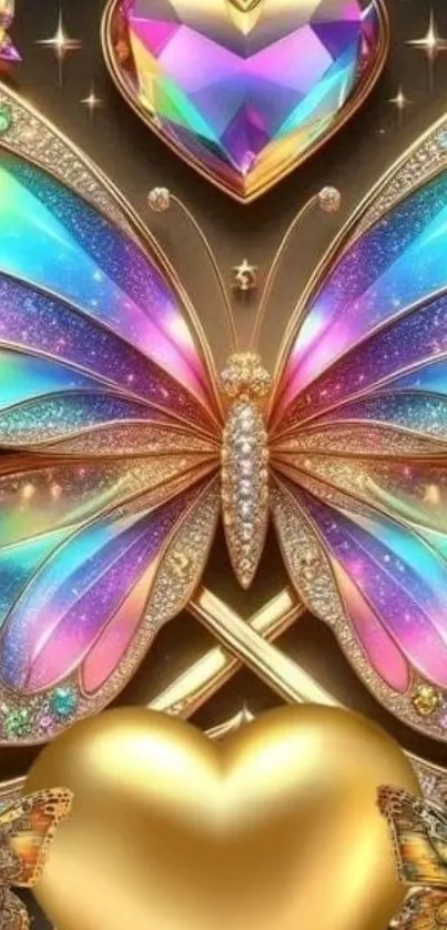 Colorful butterfly with heart motifs and sparkles.