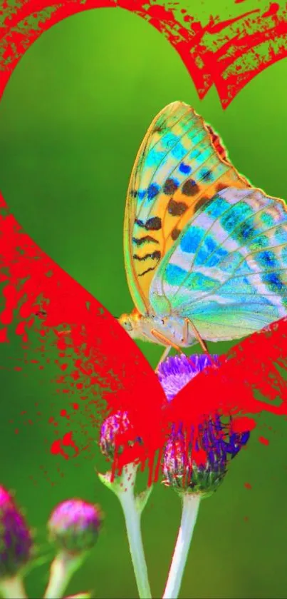 Vibrant butterfly with red heart design on green background.