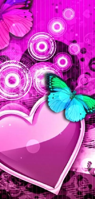 Vibrant wallpaper with butterflies and a pink heart.