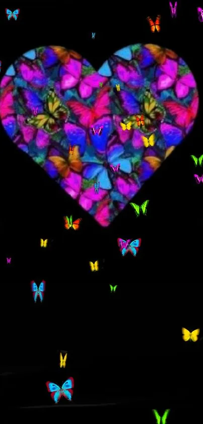 Colorful butterfly heart wallpaper with black background.