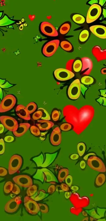 Colorful butterflies and red hearts on green wallpaper.