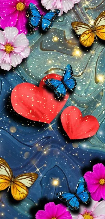 Colorful butterflies and hearts on a floral blue background.