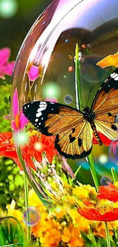 A vibrant butterfly resting on colorful flowers with a bubble effect.