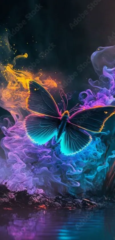 Vibrant butterfly with colorful smoke effect in a fantasy art scene.