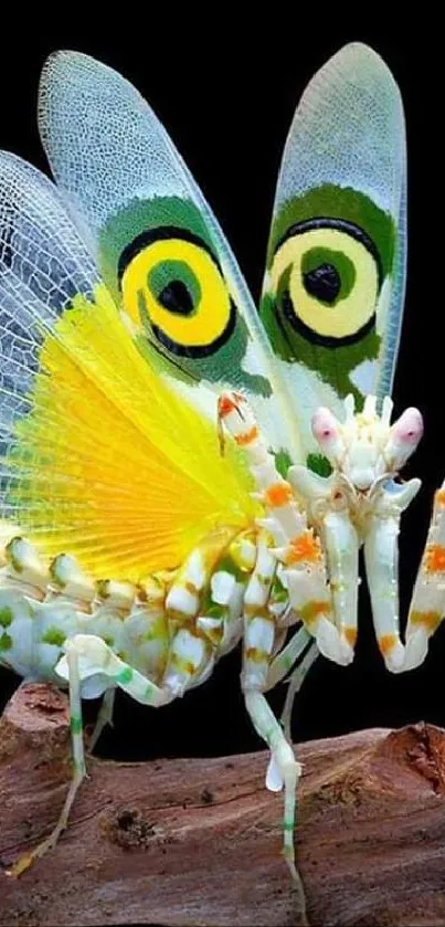 Colorful mantis resembling a butterfly on a branch against a black background.