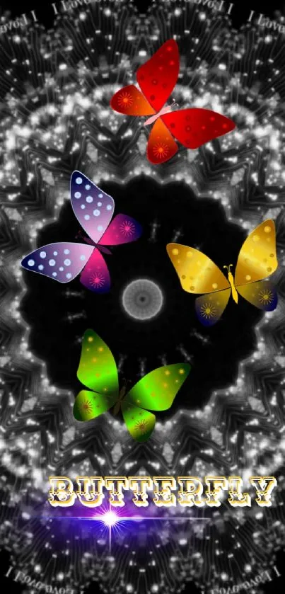 Colorful butterflies with kaleidoscope effect on black background.