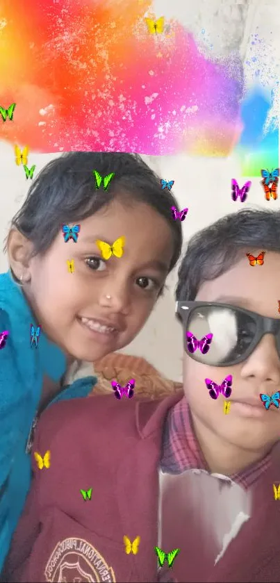 Two kids with colorful butterfly overlay.