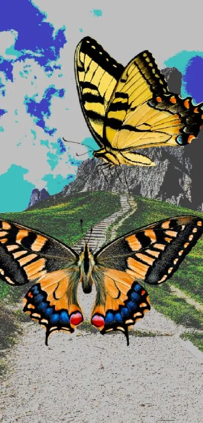 Vibrant butterflies with a mountain path background.