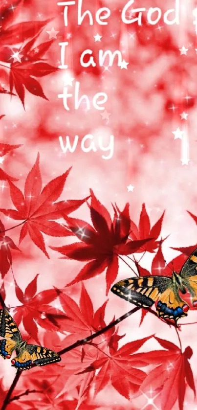 Vibrant wallpaper with red leaves and colorful butterflies.