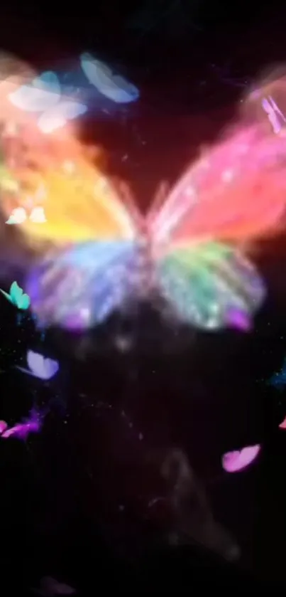 Vibrant butterfly light art with colorful wings on a dark background.