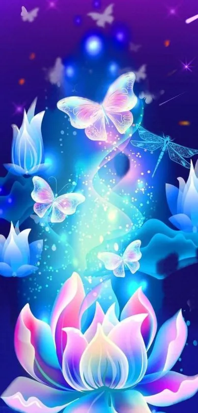 Colorful butterflies and lotus flowers in neon hues create a mystical mobile wallpaper.