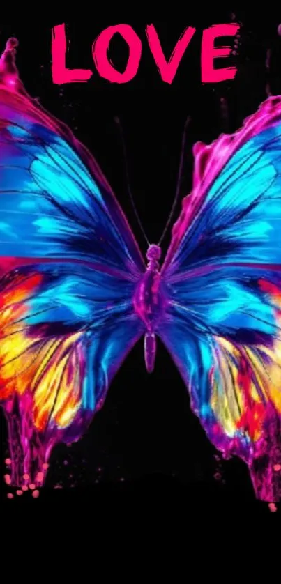 A neon-colored butterfly with love text on black wallpaper.