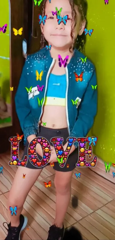 Colorful wallpaper with butterflies and 'Love' text.