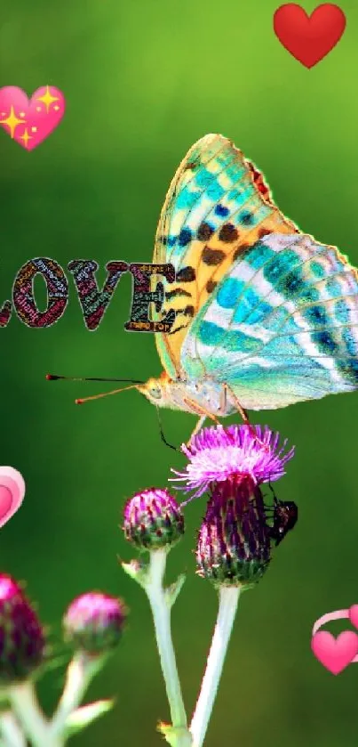 Vibrant butterfly on flower with colorful hearts.