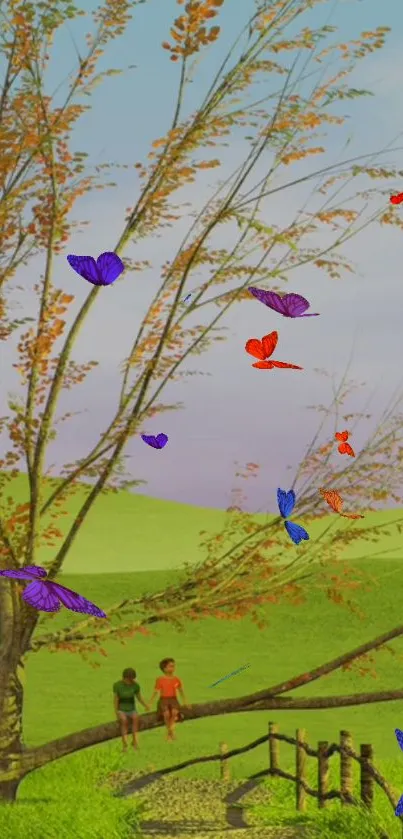 Vibrant wallpaper featuring butterflies fluttering around a tree in a serene meadow.