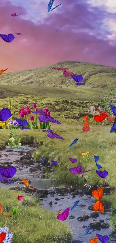 Colorful butterflies flutter over a lush green meadow.