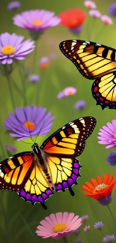 Butterfly meadow wallpaper with colorful flowers and vibrant butterflies.