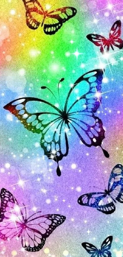 Colorful butterfly wallpaper with sparkling stars and a rainbow gradient.