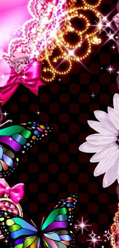 Colorful butterfly and floral wallpaper for phones with pink lace accents.