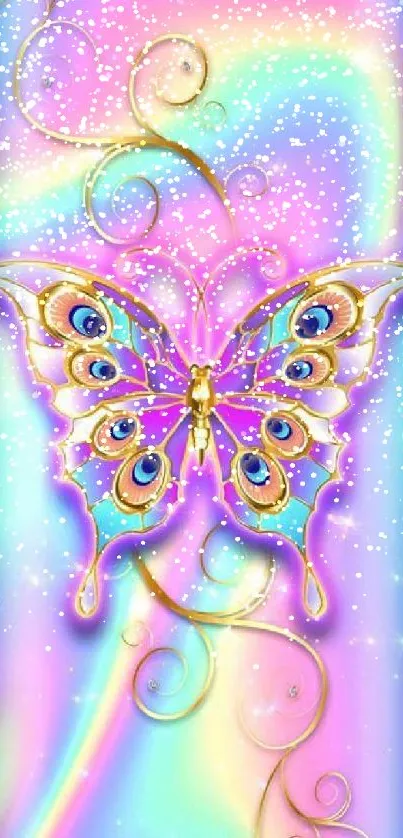 Colorful butterfly with gold accents on rainbow background.