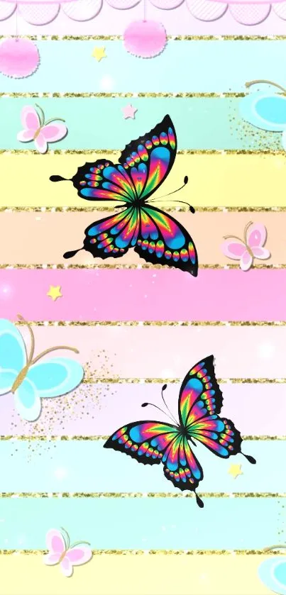 Colorful butterflies flutter on pastel striped background, creating a lively display.