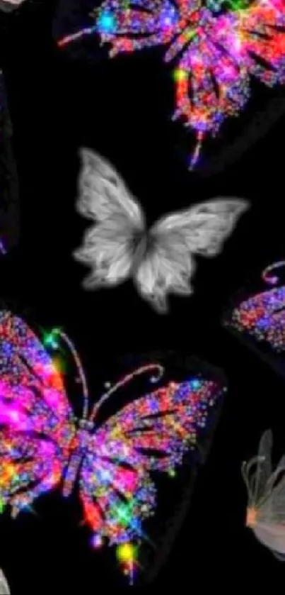 Vibrant neon butterflies on black background mobile wallpaper.